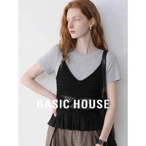 Basic House/百家好灰色假两件撞色镂空短袖T恤女夏百搭舒适上衣