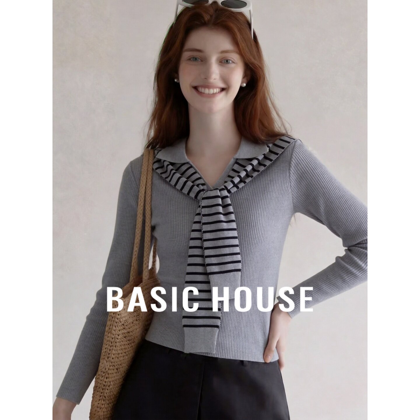 Basic House/百家好学院风海军领条纹披肩针织衫女修身显瘦长袖