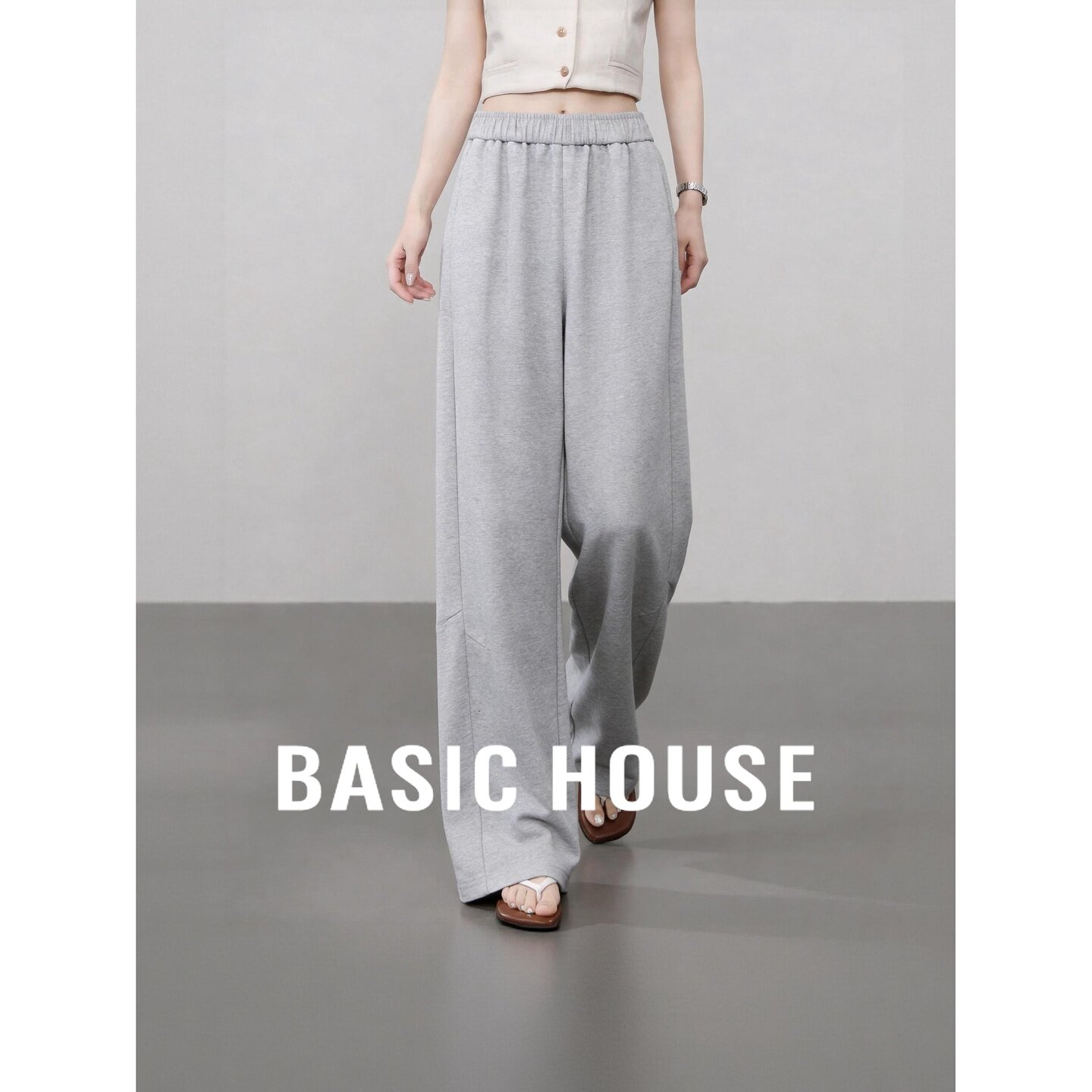 Basic House/百家好高腰灰色休闲裤女宽松垂感透气运动卫裤秋季