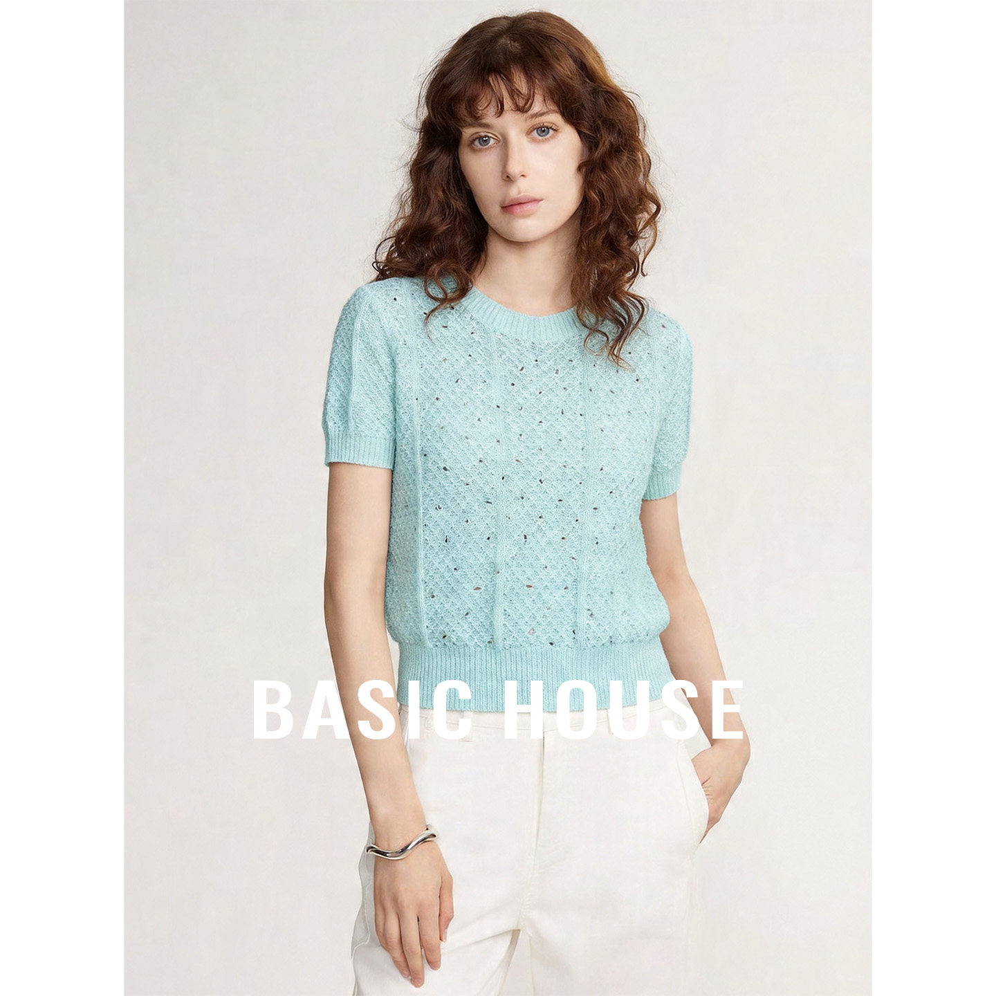 Basic House/百家好圆领短袖针织衫2026夏季气质套头宽松短款上衣
