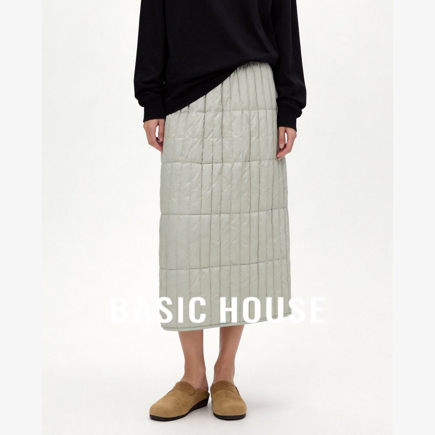 Basic House/百家好高腰轻薄羽绒半身裙女装中长款保暖加厚A字裙