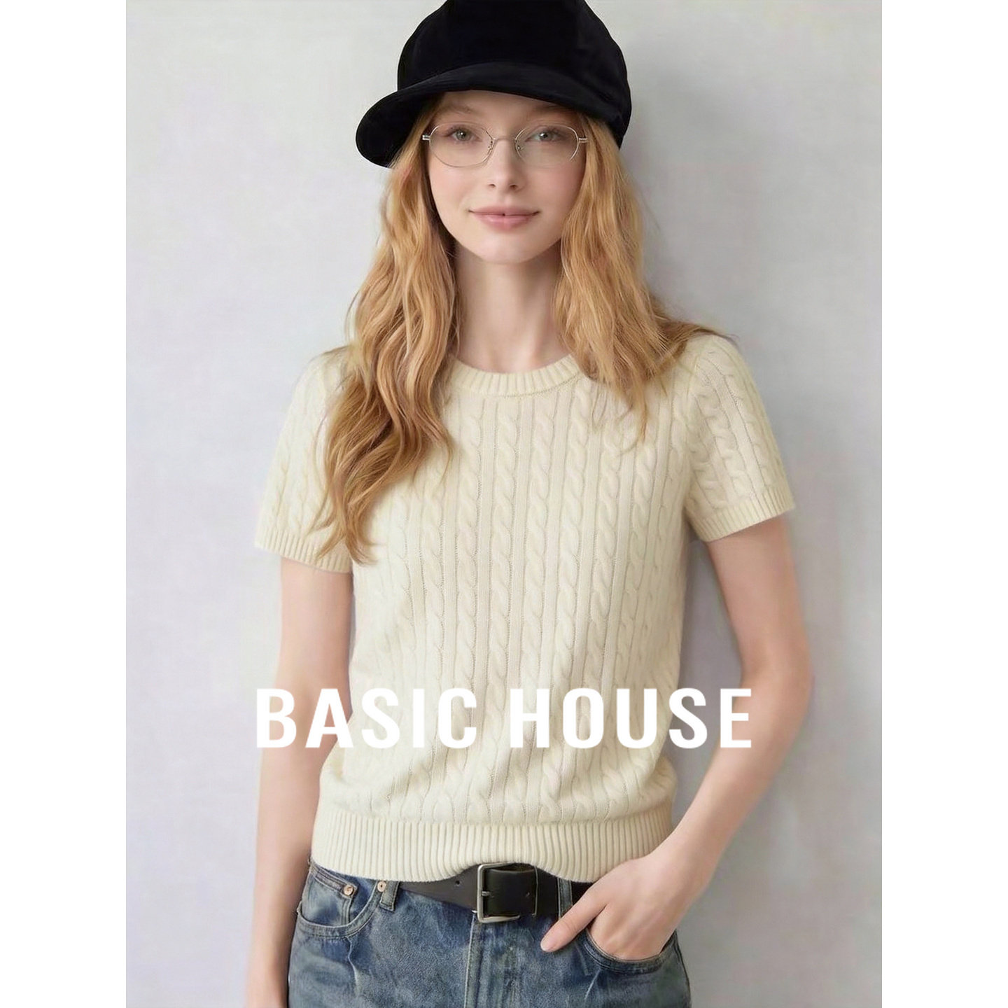 Basic House/百家好温柔韩系麻花纹针织衫女短袖圆领显瘦气质上衣