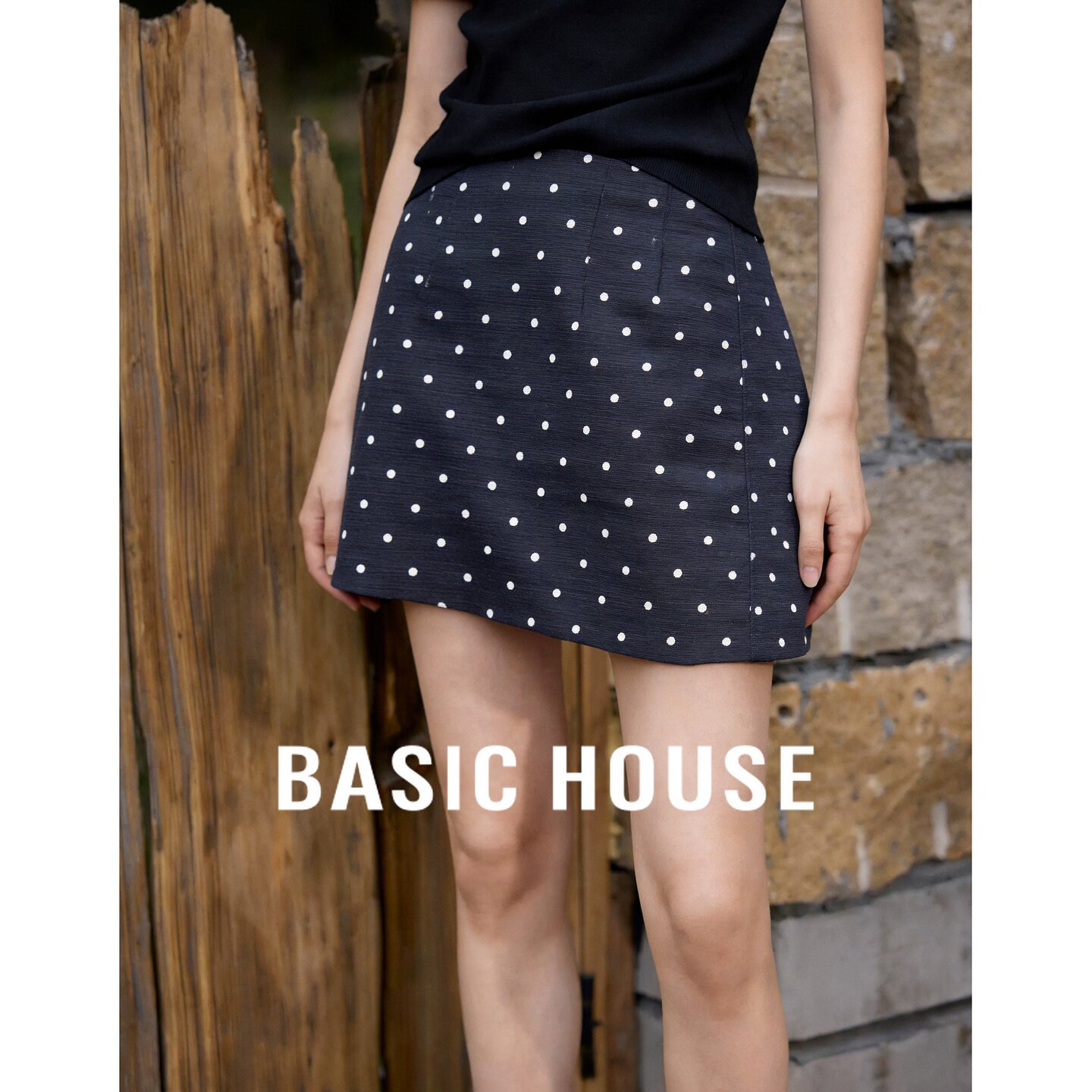 Basic House/百家好复古波点半身裙女2026夏季莱赛尔高腰A字短裙