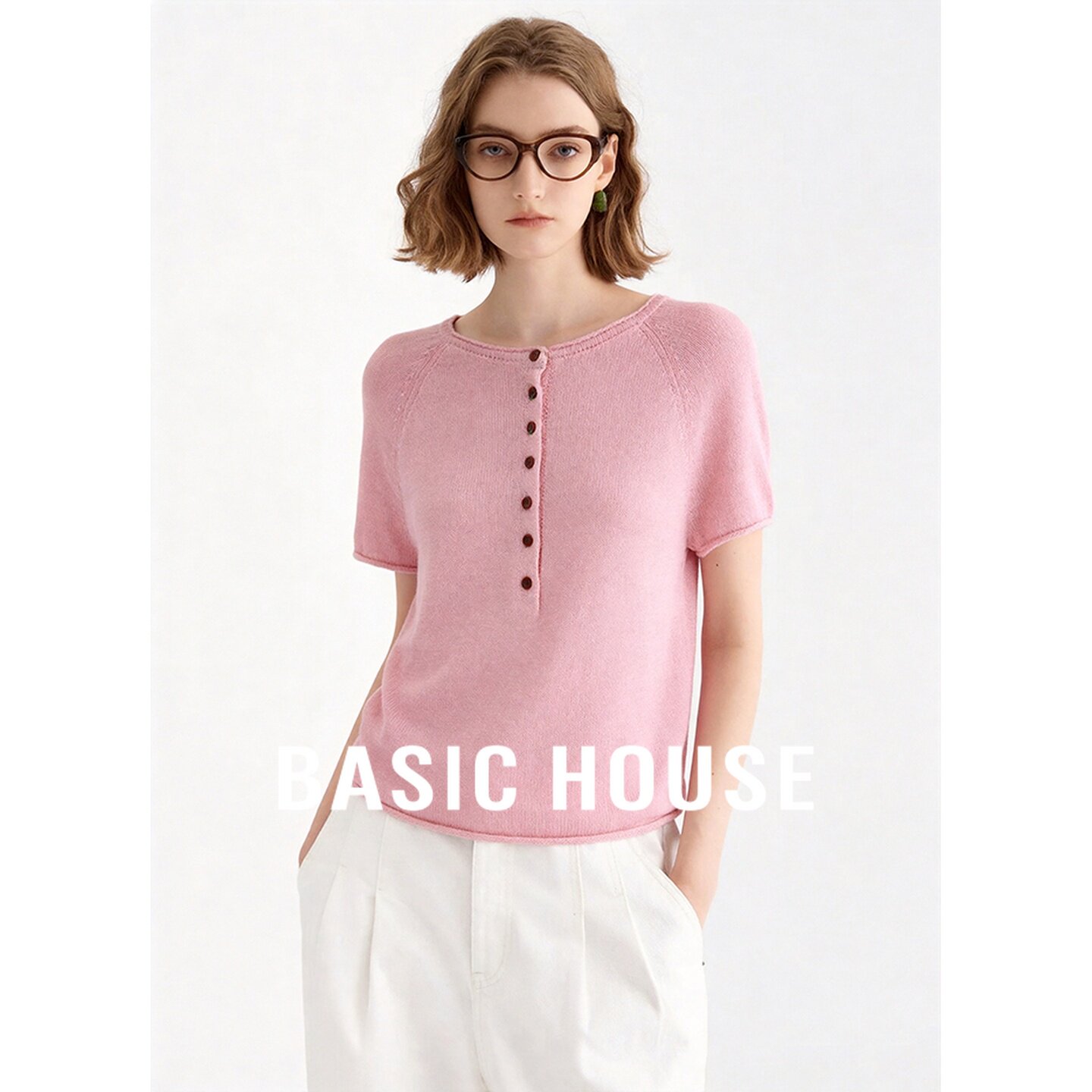 Basic House/百家好浅粉色时尚半开领短袖纯色百搭显瘦针织衫夏季