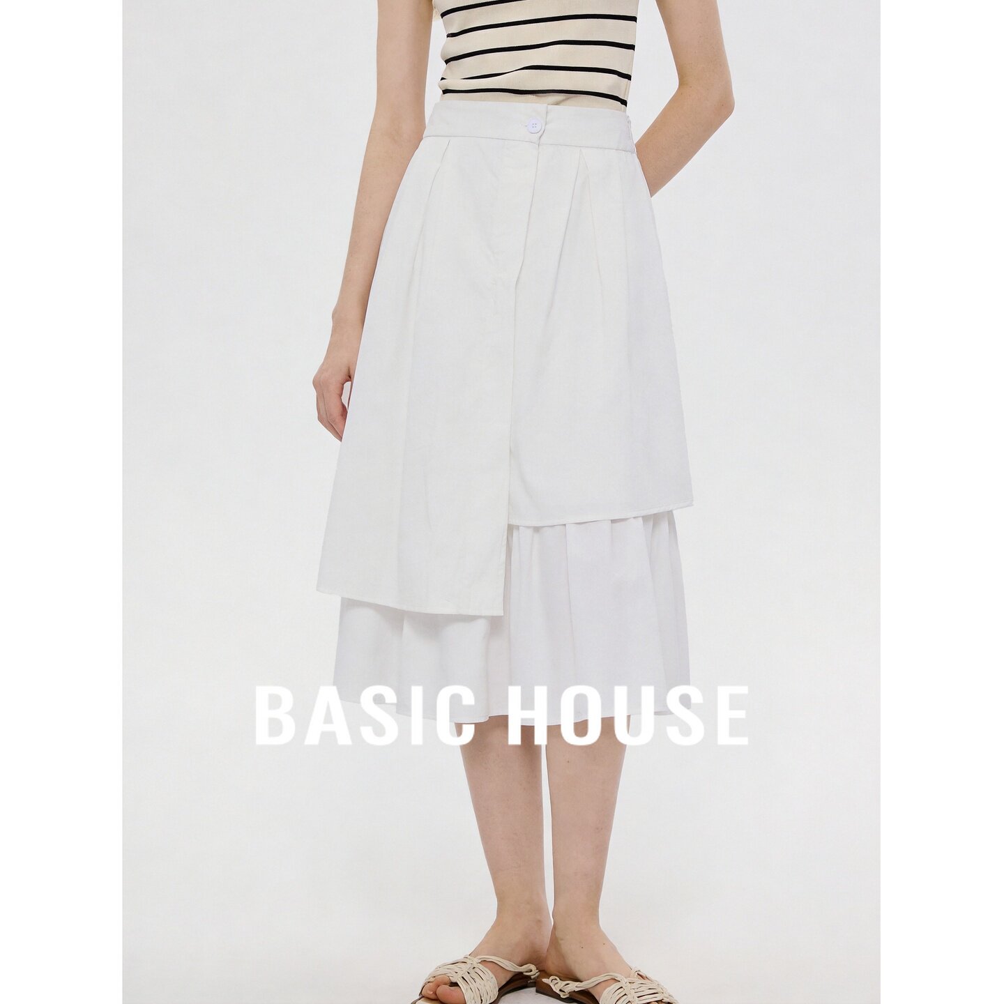 Basic House/百家好不规则层次感半身裙女夏松紧腰显瘦减龄中长裙