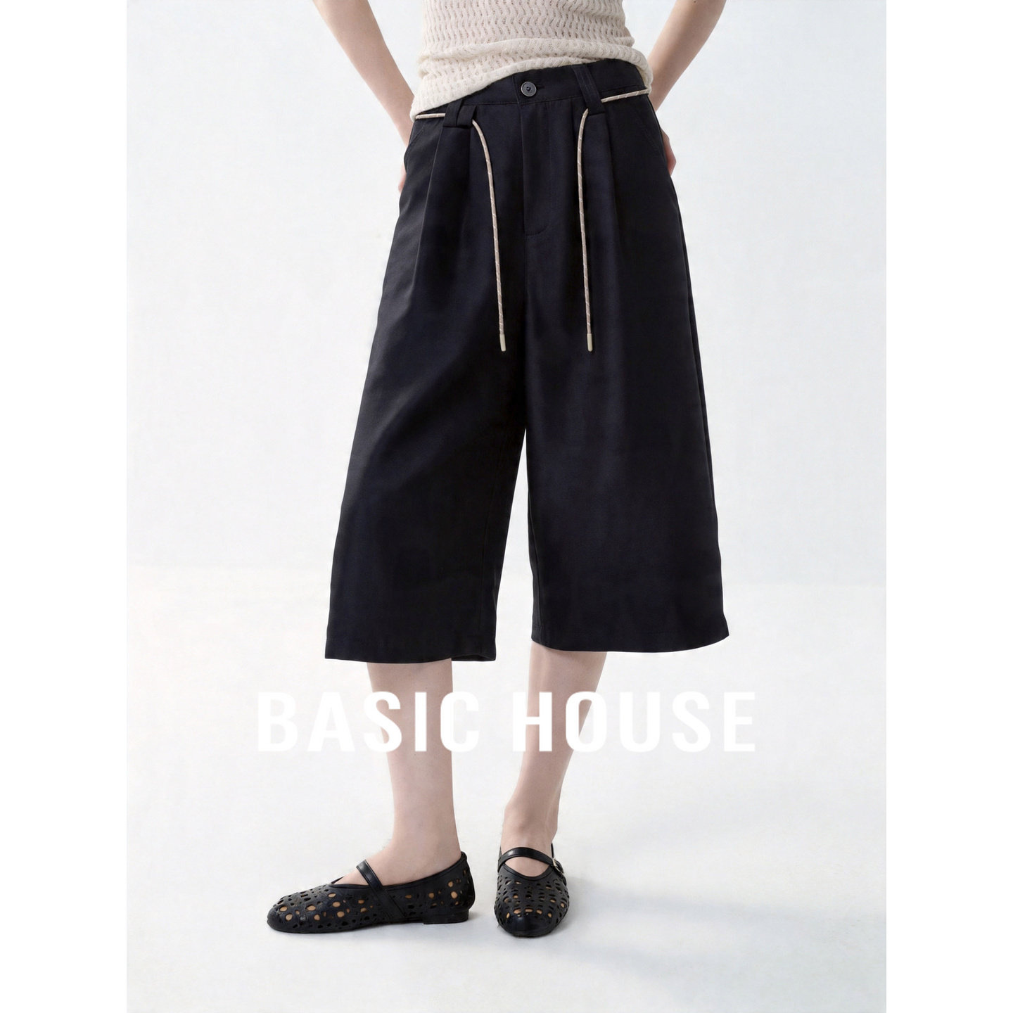 Basic House/百家好黑色日常通勤阔腿裤女2026夏季休闲直筒七分裤