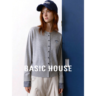 女士灰色格纹拼接显瘦百搭外套 新款 百家好假两件休闲针织开衫 春季