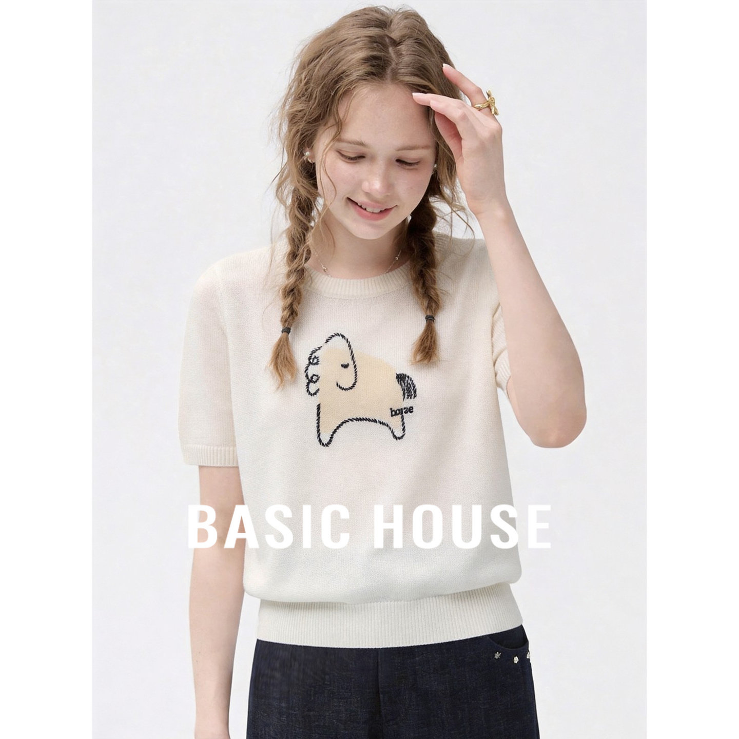 Basic House/百家好减龄白色小马图案短袖针织衫女夏季薄款上衣