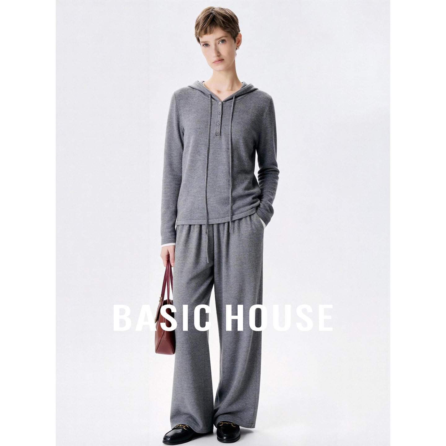 Basic House/百家好灰色休闲套装女秋连帽上衣松紧腰休闲裤两件套