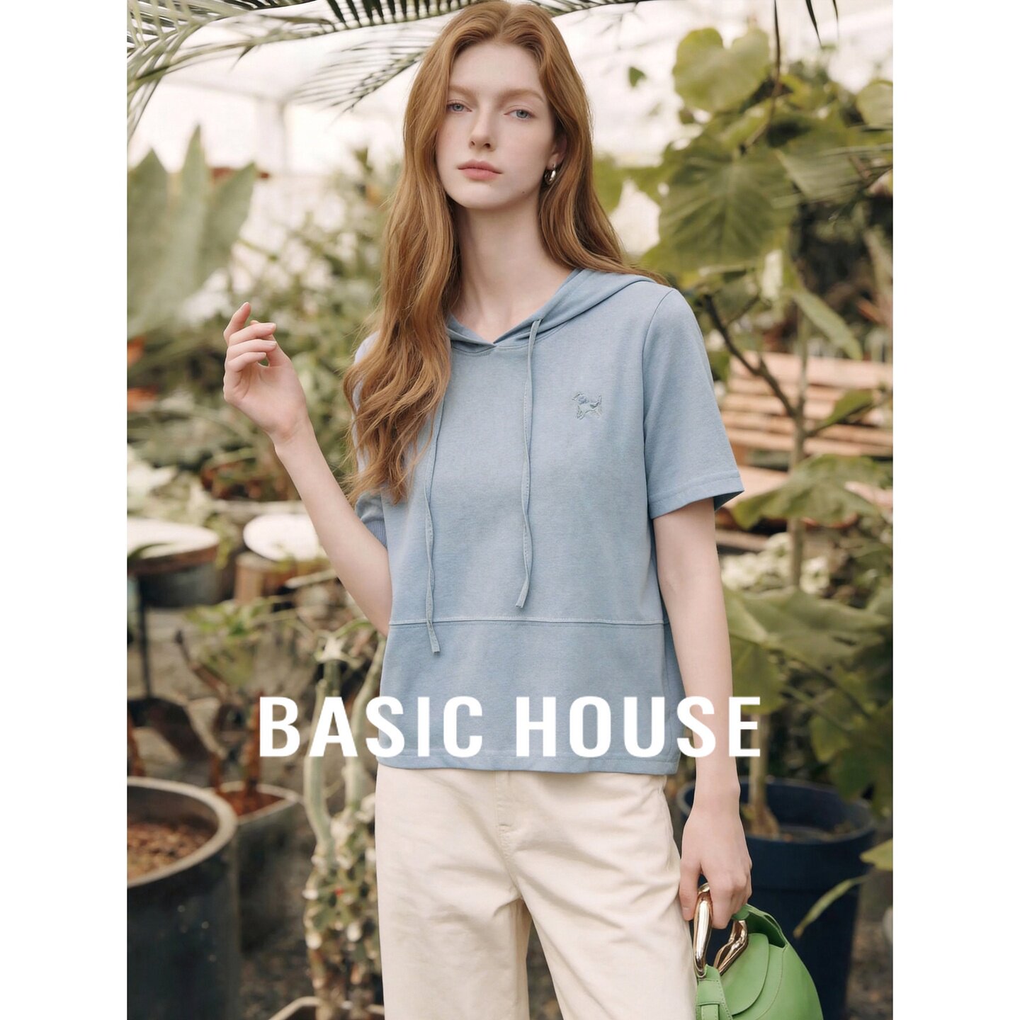Basic House/百家好韩系连帽短袖T恤女2026夏季蓝色休闲棉质上衣