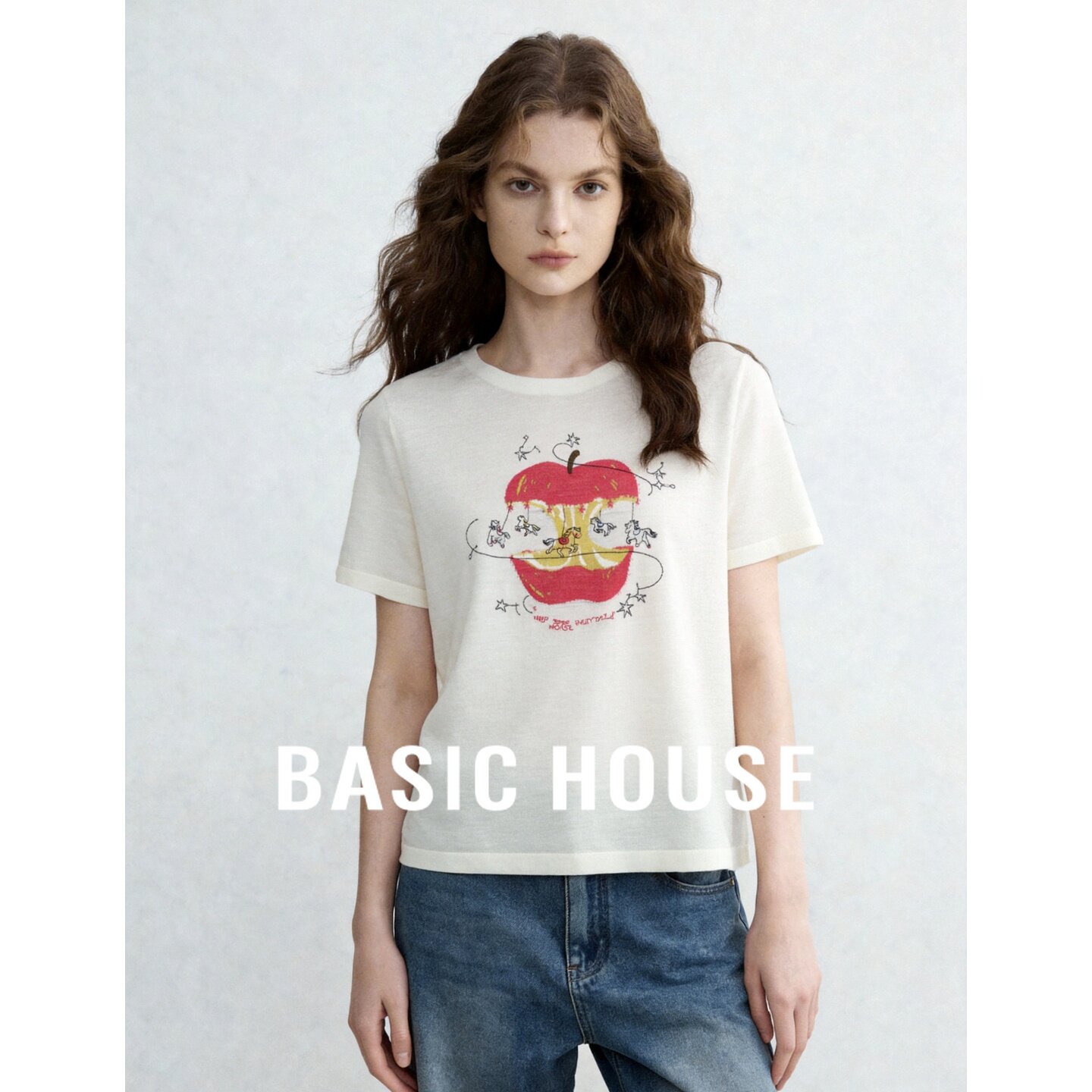 Basic House/百家好米白色亚麻印花短袖T恤女夏新款复古宽松上衣