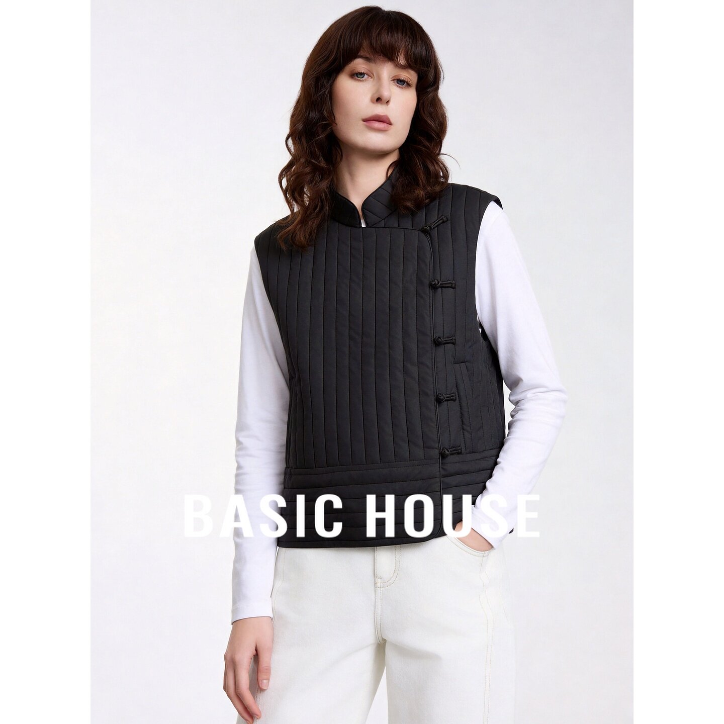 Basic House/百家好2026秋季黑色立领盘扣中式日常简约马甲背心女