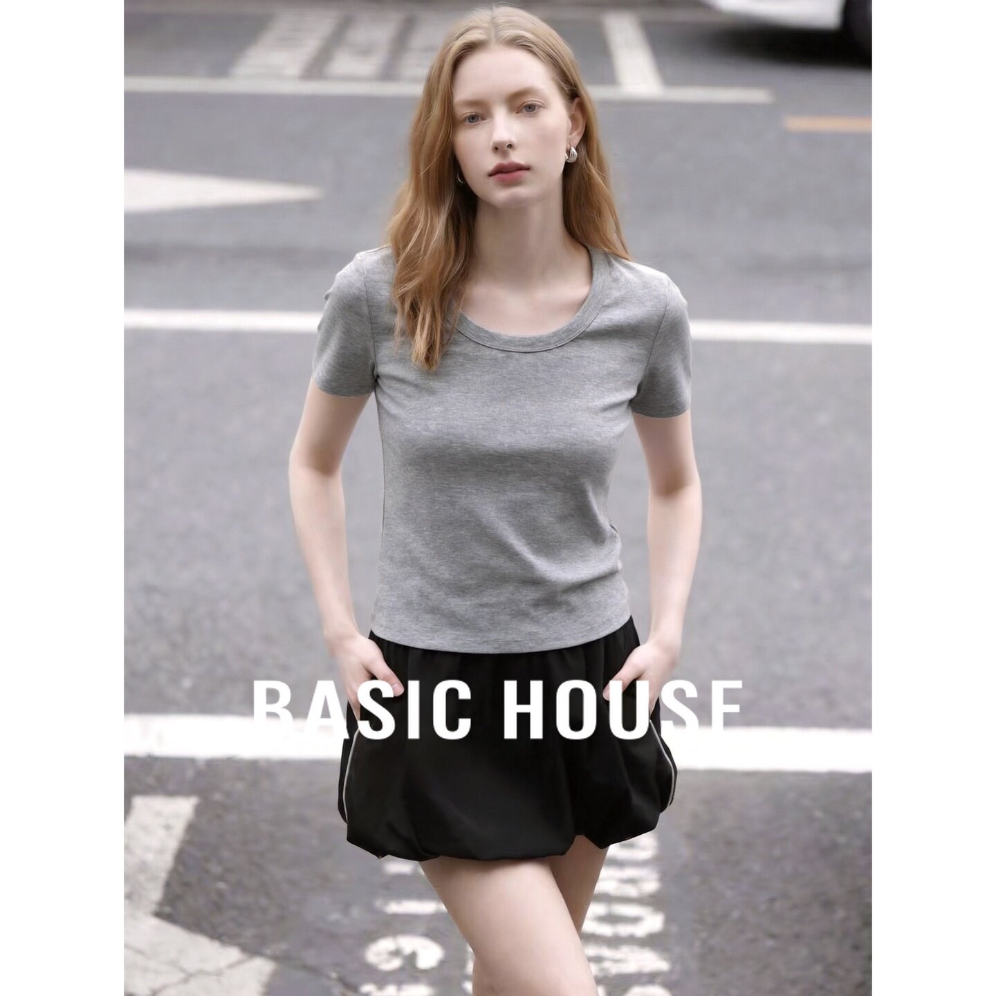Basic House/百家好简约圆领短袖T恤女麻灰色修身百搭基础款上衣