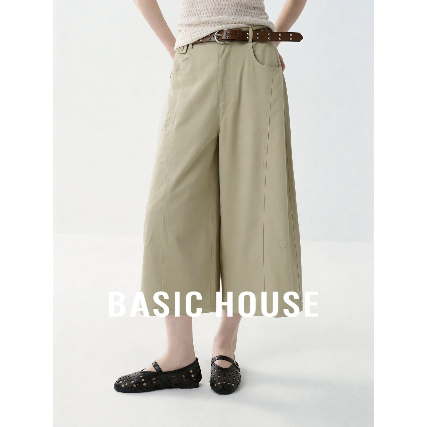 Basic House/百家好莱赛尔阔腿裤女高腰宽松七分裤极简卡其色夏季