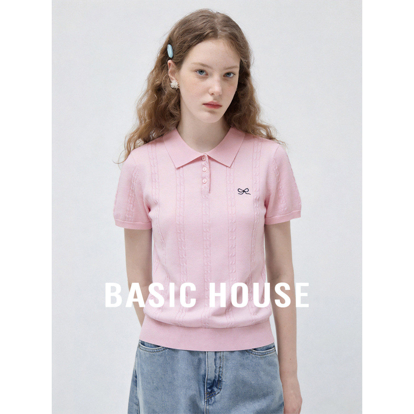 Basic House/百家好2026夏季新款粉色polo刺绣针织衫女温柔风上衣
