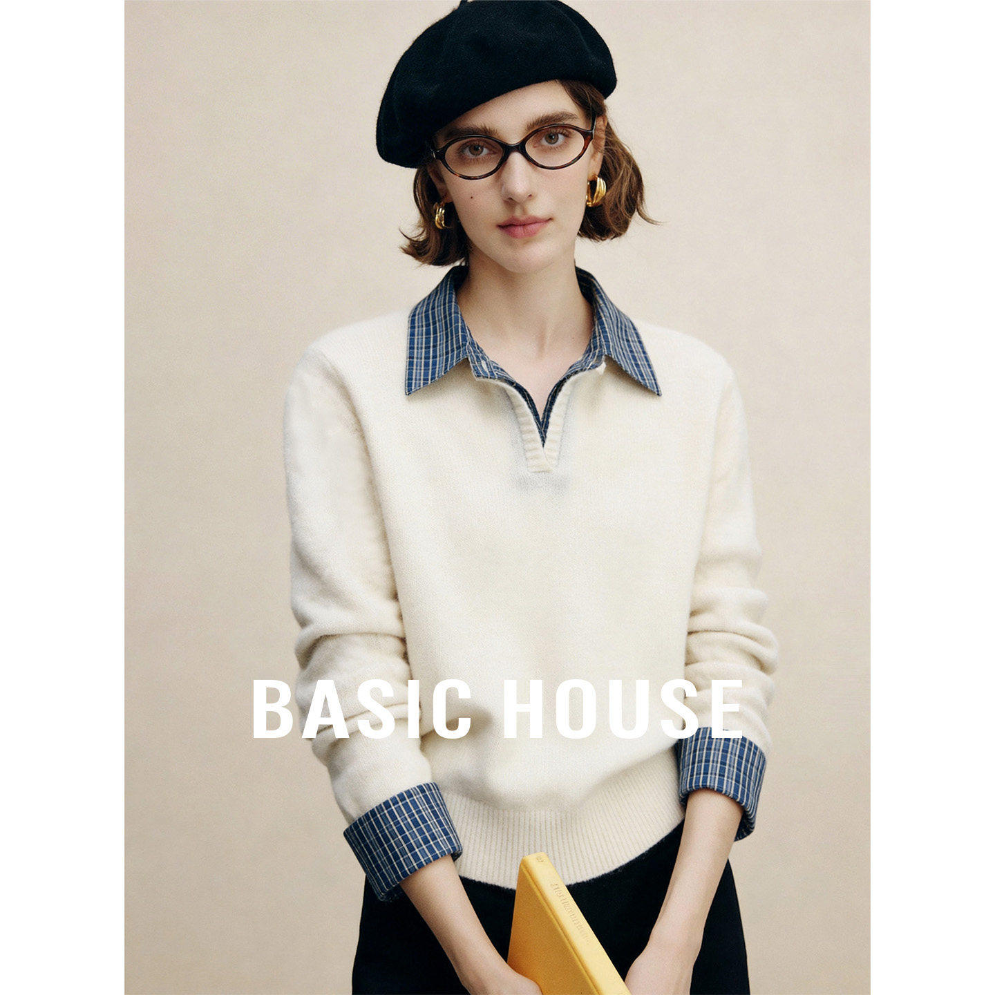 Basic House/百家好牛仔拼接polo领毛衣女秋季假两件设计百搭上衣