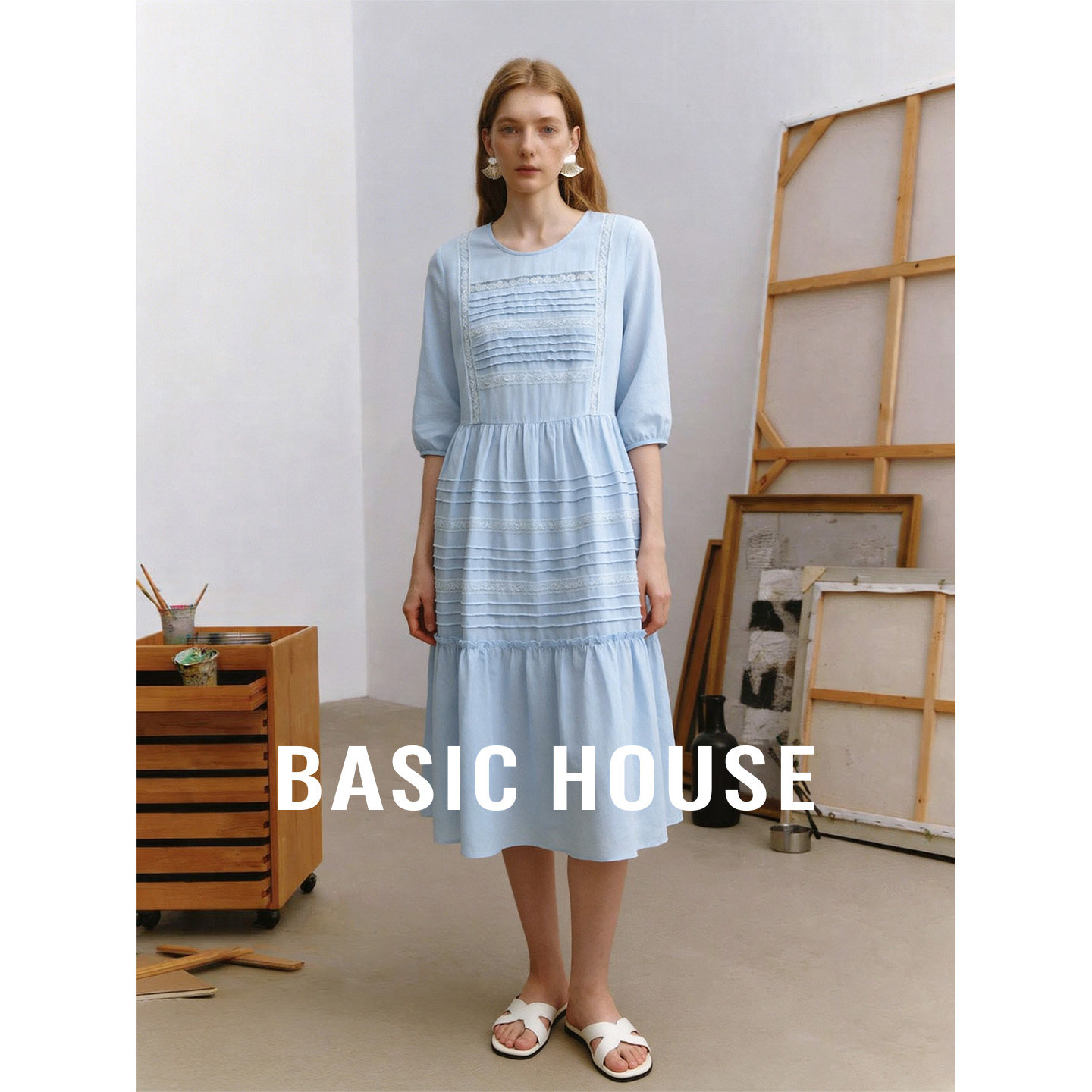 Basic House/百家好蓝色圆领蕾丝拼接连衣裙女夏季宽松中长款裙子