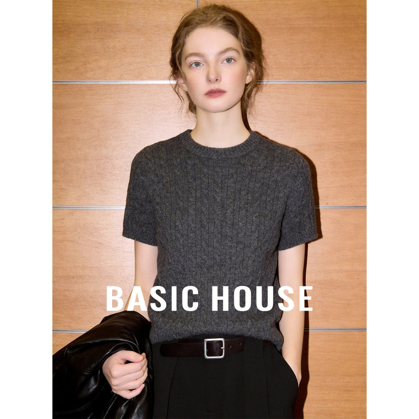 Basic House/百家好绵羊毛圆领短款绞花上衣女2026春季短袖针织衫