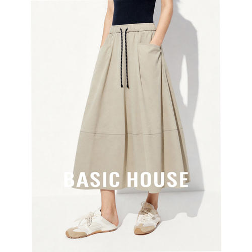 Basic House/百家好高腰A字半身裙女夏季抽绳中长裙显瘦气质通勤