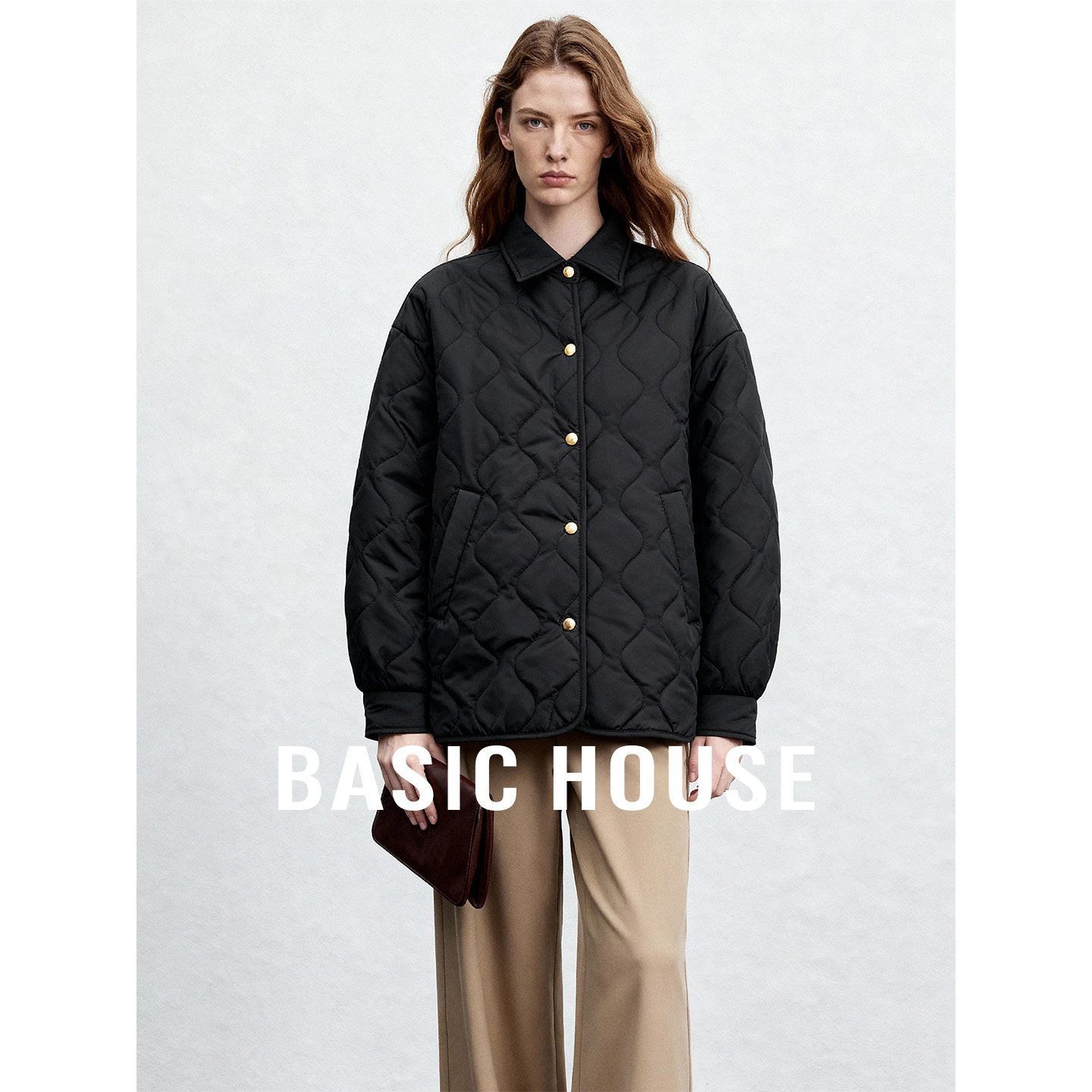 Basic House/百家好26翻领简约单排扣棉服女冬季保暖百搭加厚外套