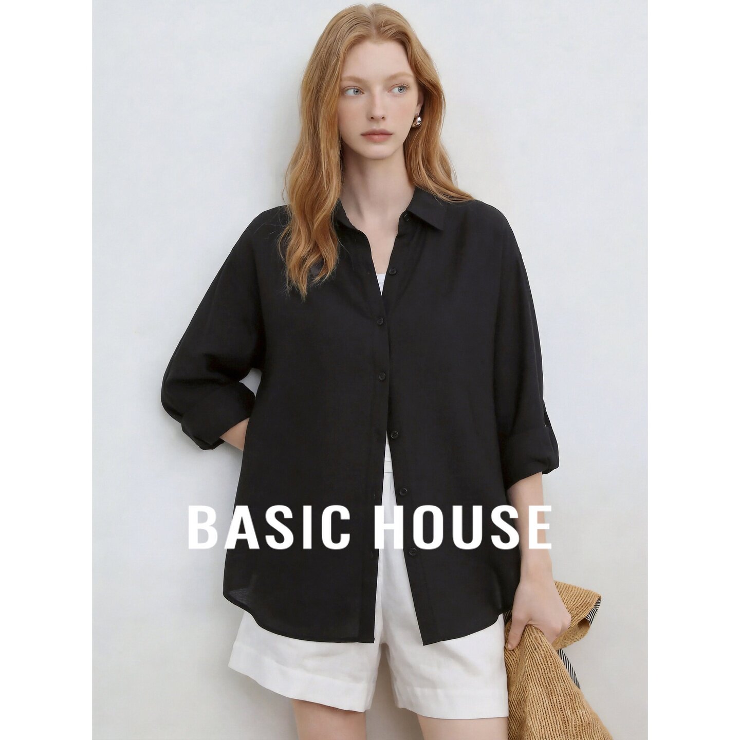 Basic House/百家好黑色翻领宽松衬衫女极简韩版开衫通勤秋季新款