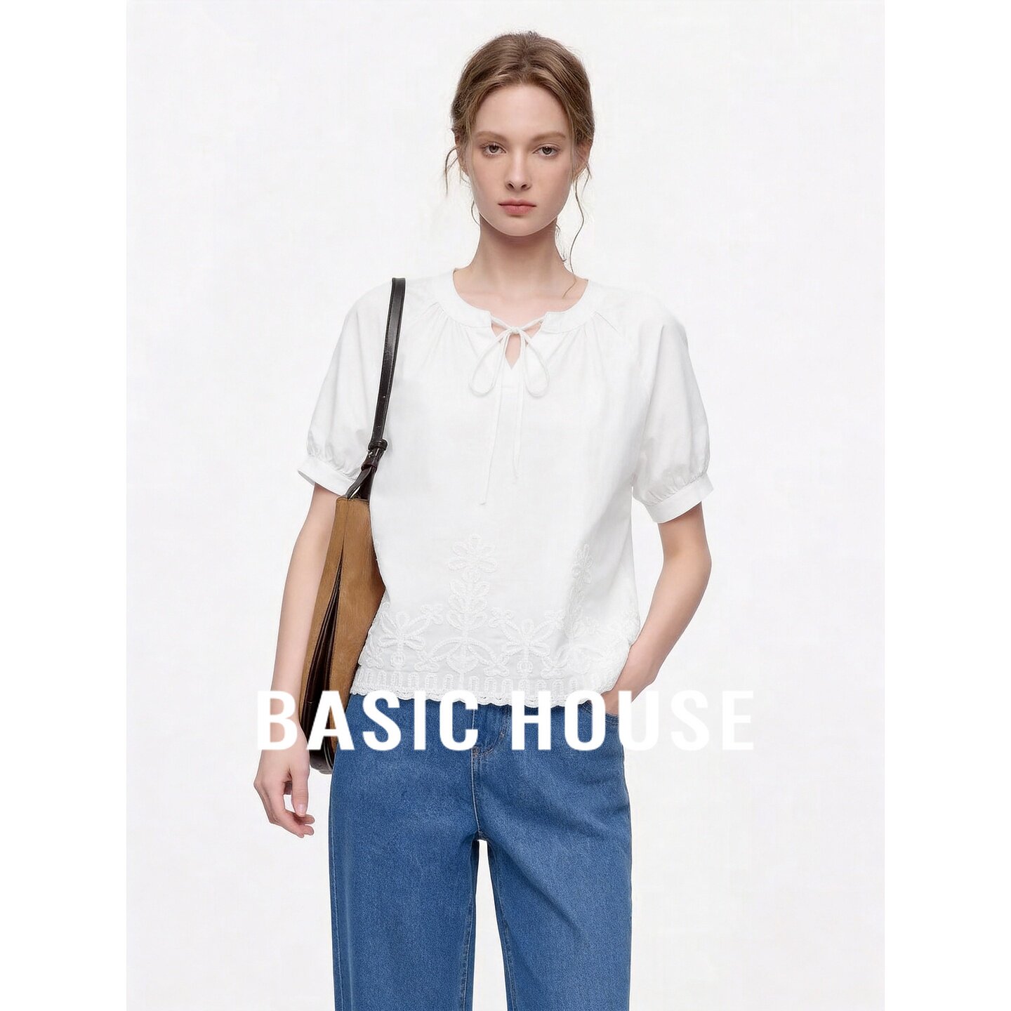 Basic House/百家好温柔文艺白色系带纯棉衬衫女夏宽松显瘦上衣