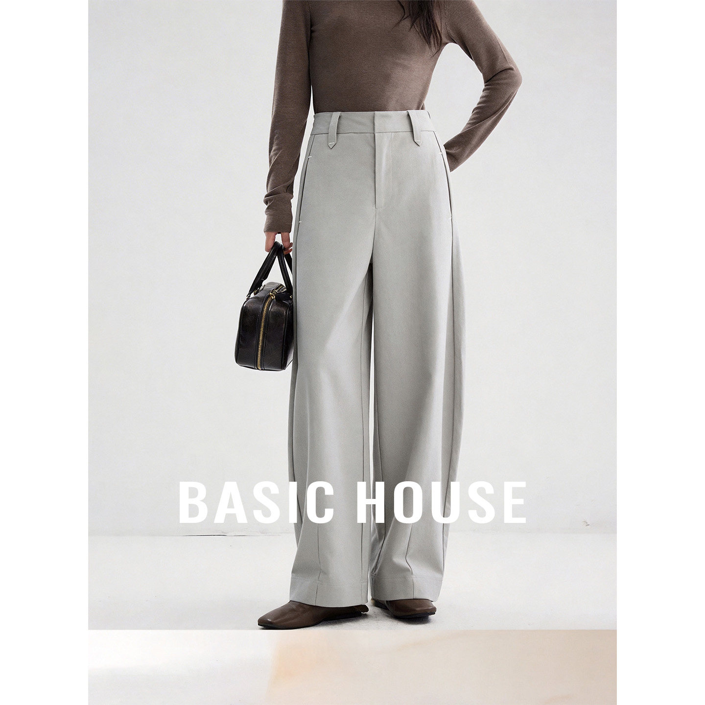 Basic House/百家好2026秋季新款高腰阔腿休闲裤纯色弯刀长裤子女