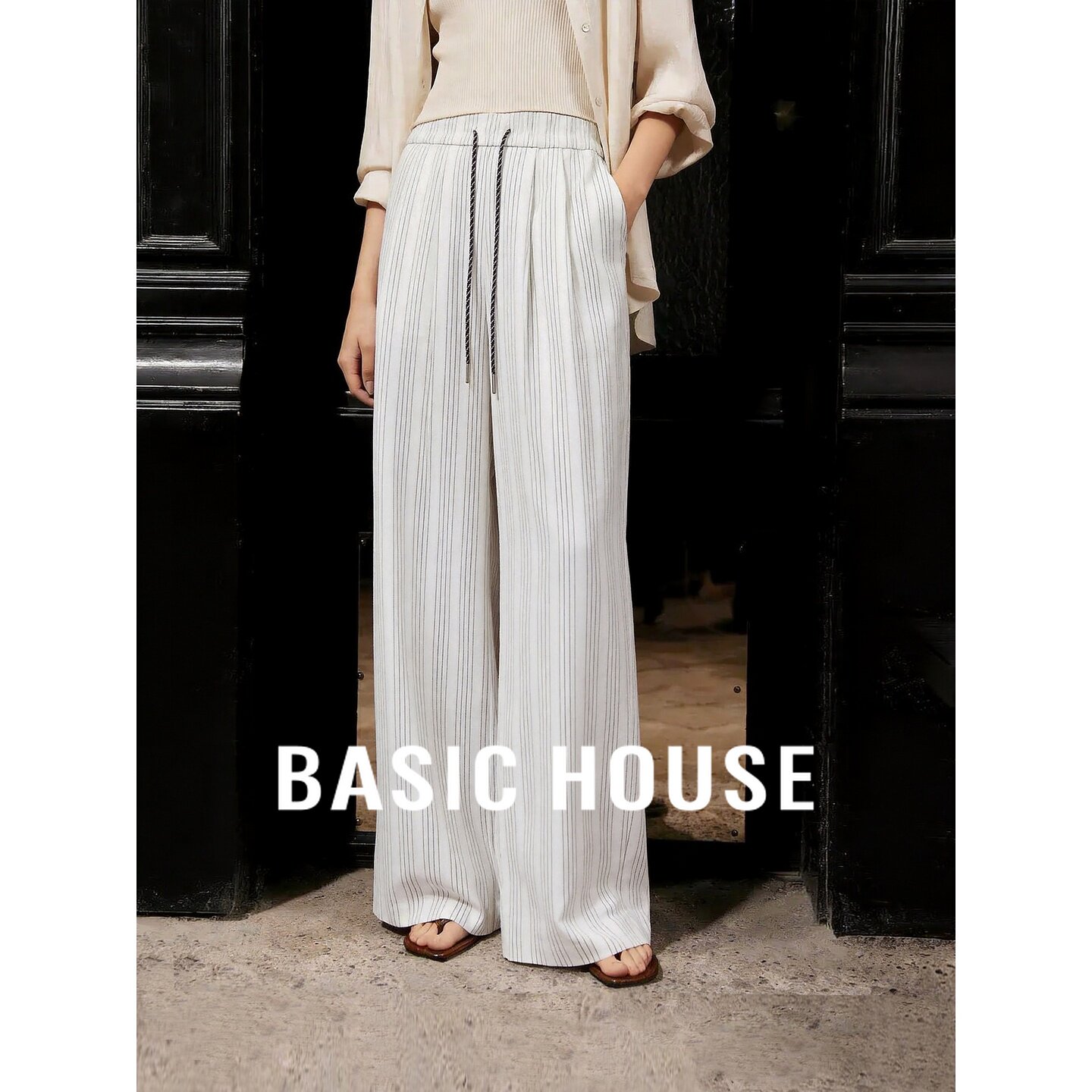 Basic House/百家好极简高腰白色条纹阔腿休闲裤女垂坠感显瘦长裤
