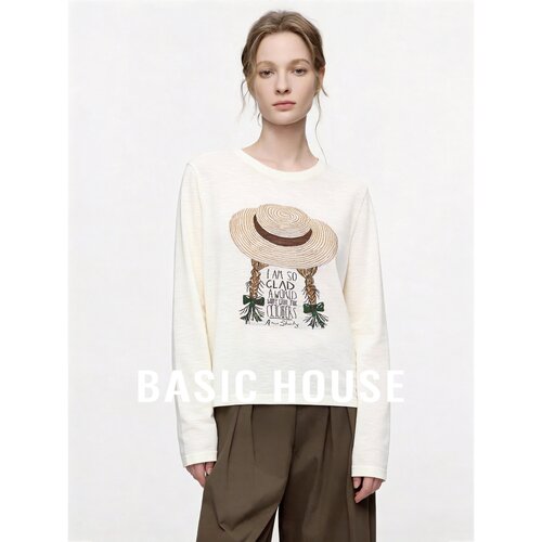 Basic House/百家好复古草帽印花长袖针织衫女夏百搭减龄针织罩衫