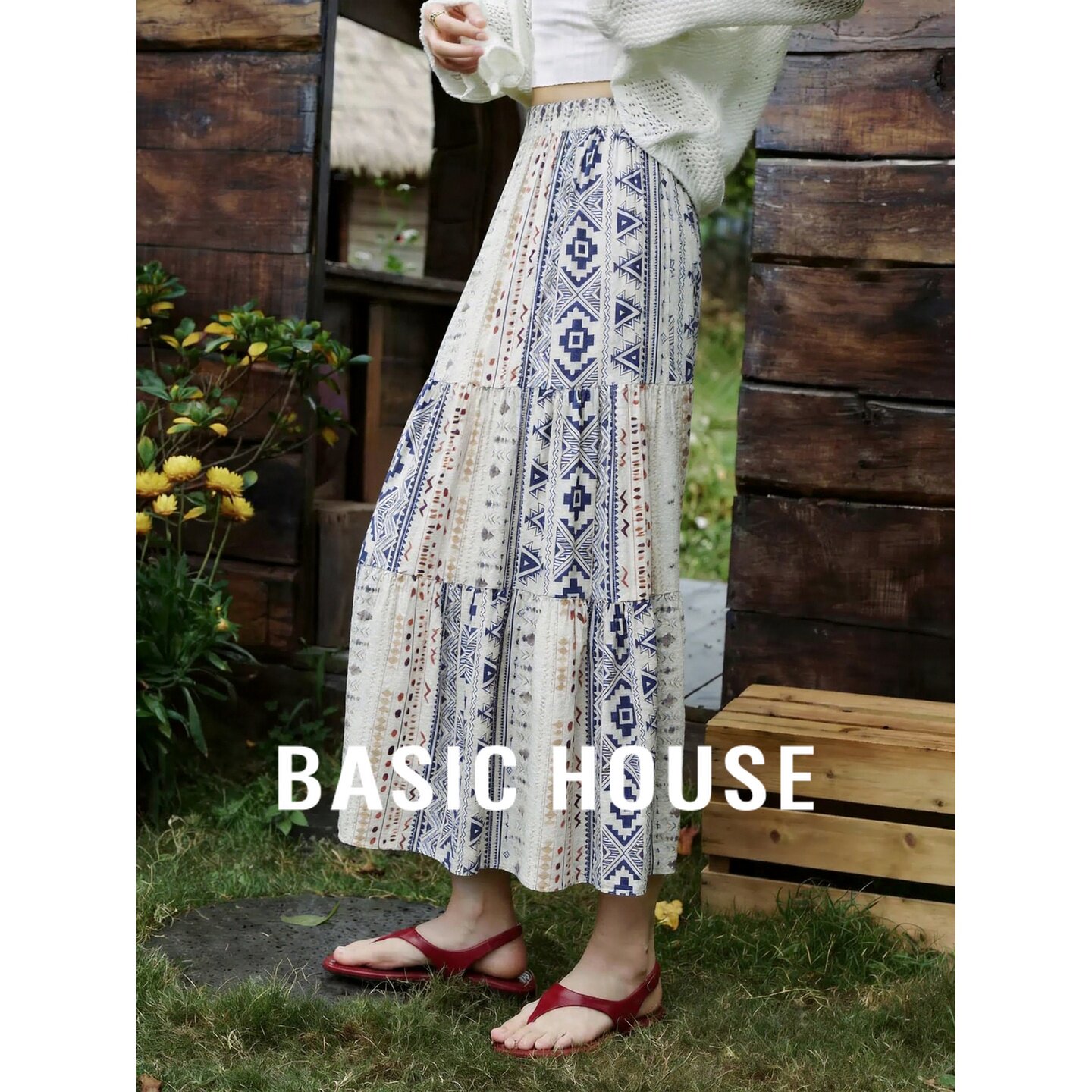 Basic House/百家好波西米亚复古印花半身裙女显瘦A字长裙文艺