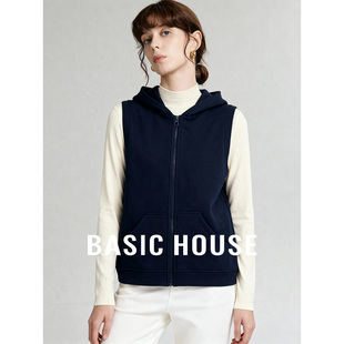 Basic House/百家好连帽纯色简约马甲女秋冬新款百搭可内外穿坎肩