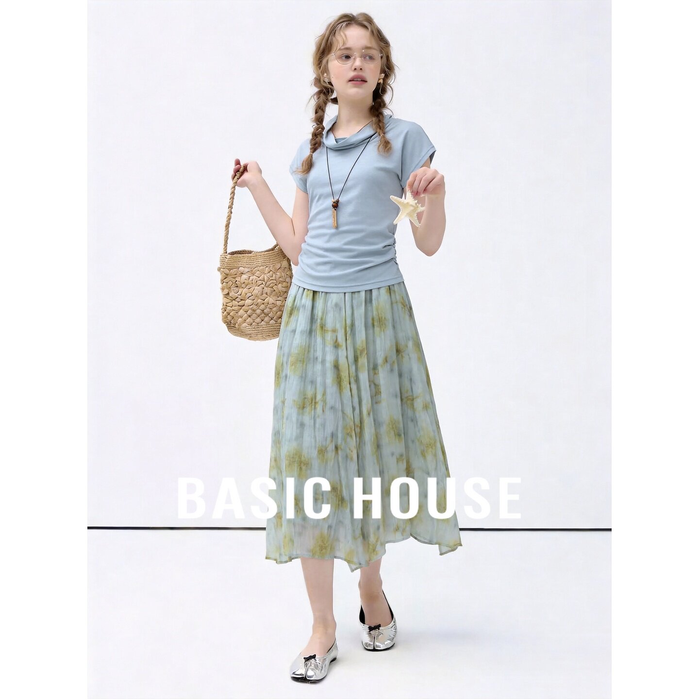 Basic House/百家好文艺复古风印花套装女百搭显瘦A字半身裙夏季