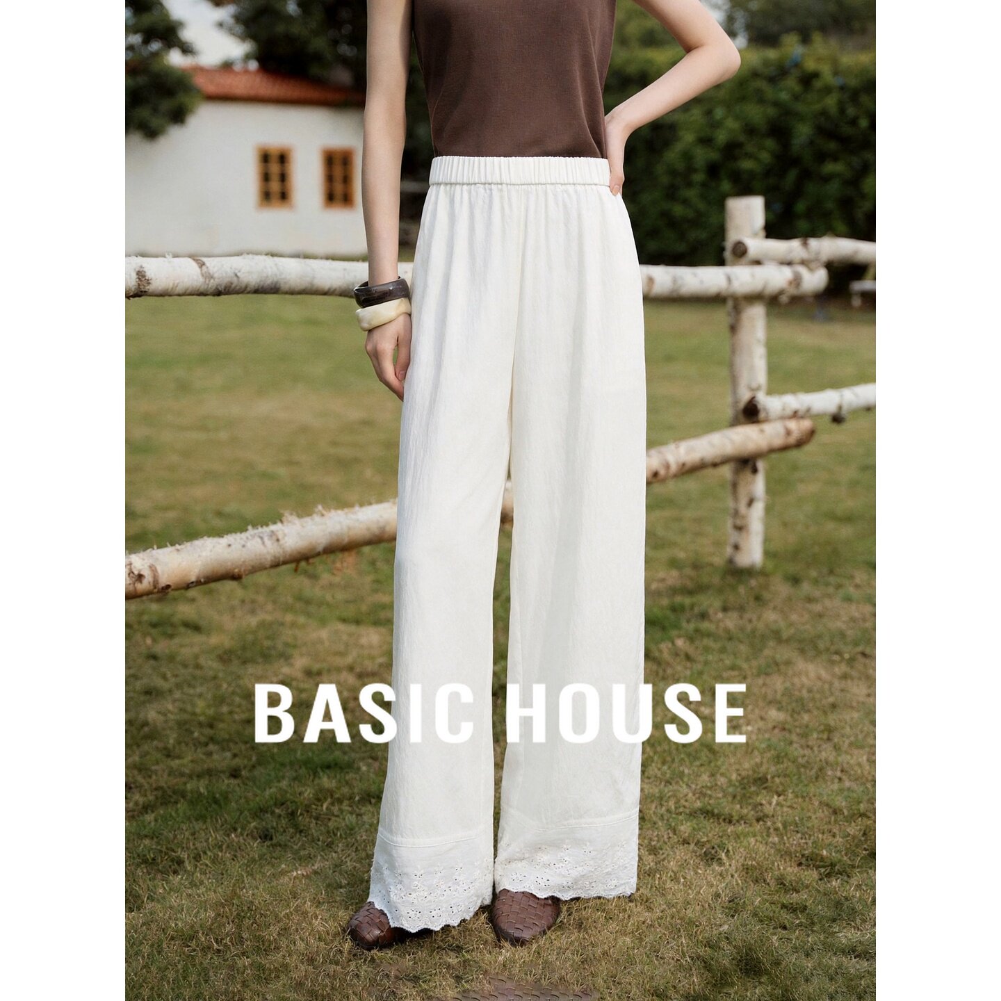 Basic House/百家好2026新款白色蕾丝边阔腿裤女高腰显瘦休闲长裤