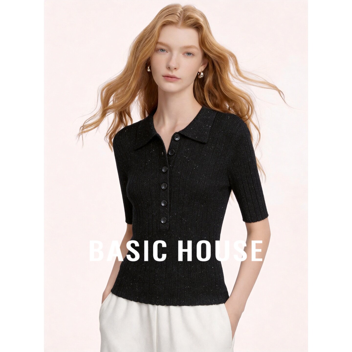 Basic House/百家好黑色亮丝翻领短袖针织衫女纽扣修身百搭上衣
