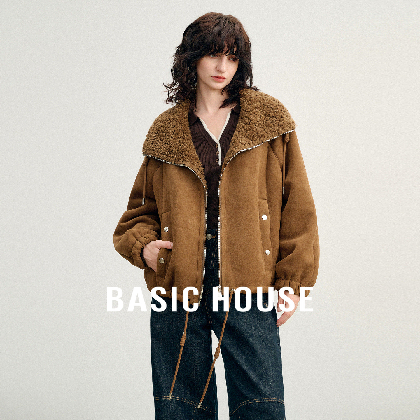 Basic House/百家好复古毛毛大翻领夹克慵懒气质抽绳皮毛一体外套