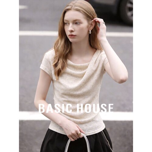 Basic House/百家好荡领T恤女夏修身显瘦米色舒适优雅风亚麻上衣
