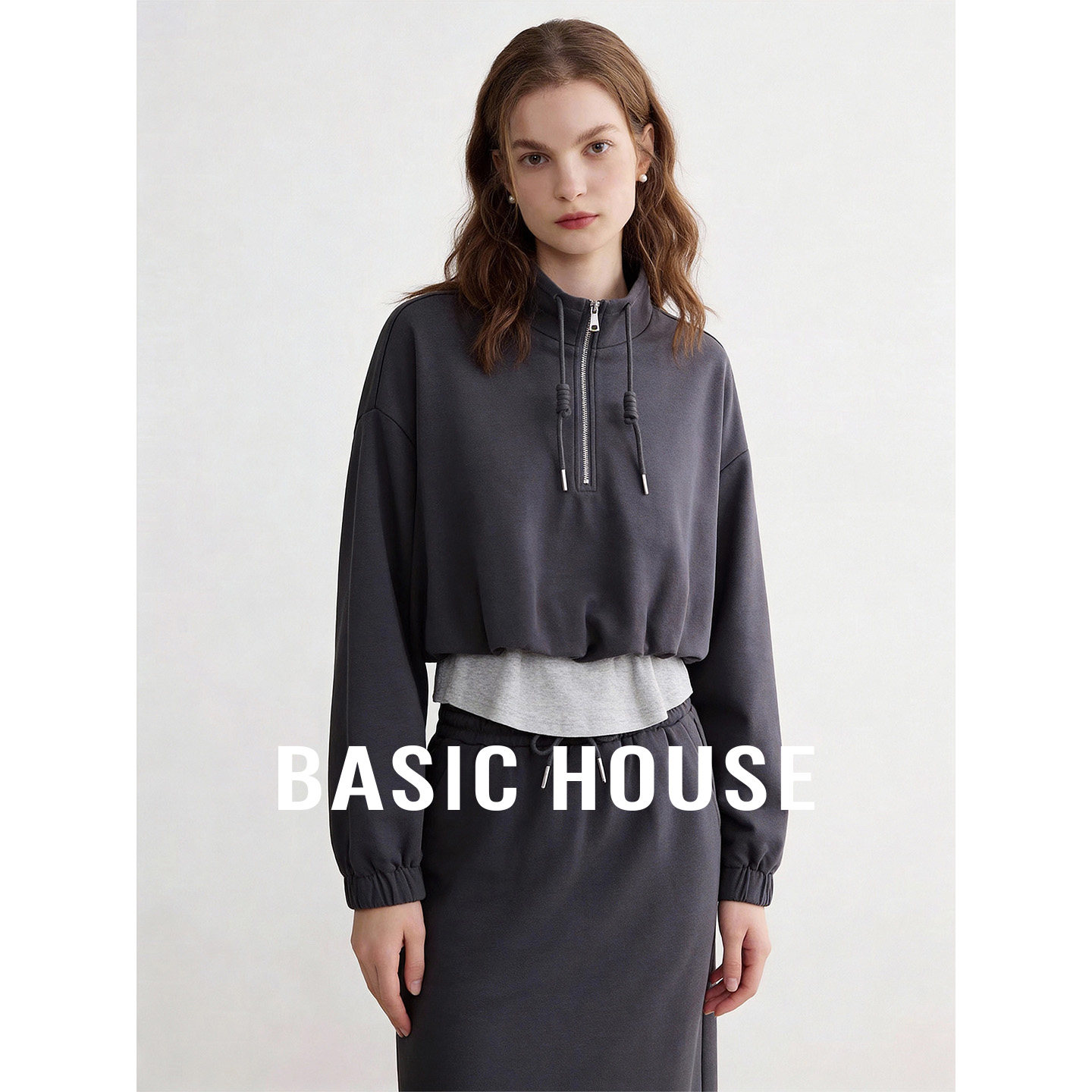 Basic House/百家好半拉链休闲套装女春立领卫衣直筒半身裙两件套