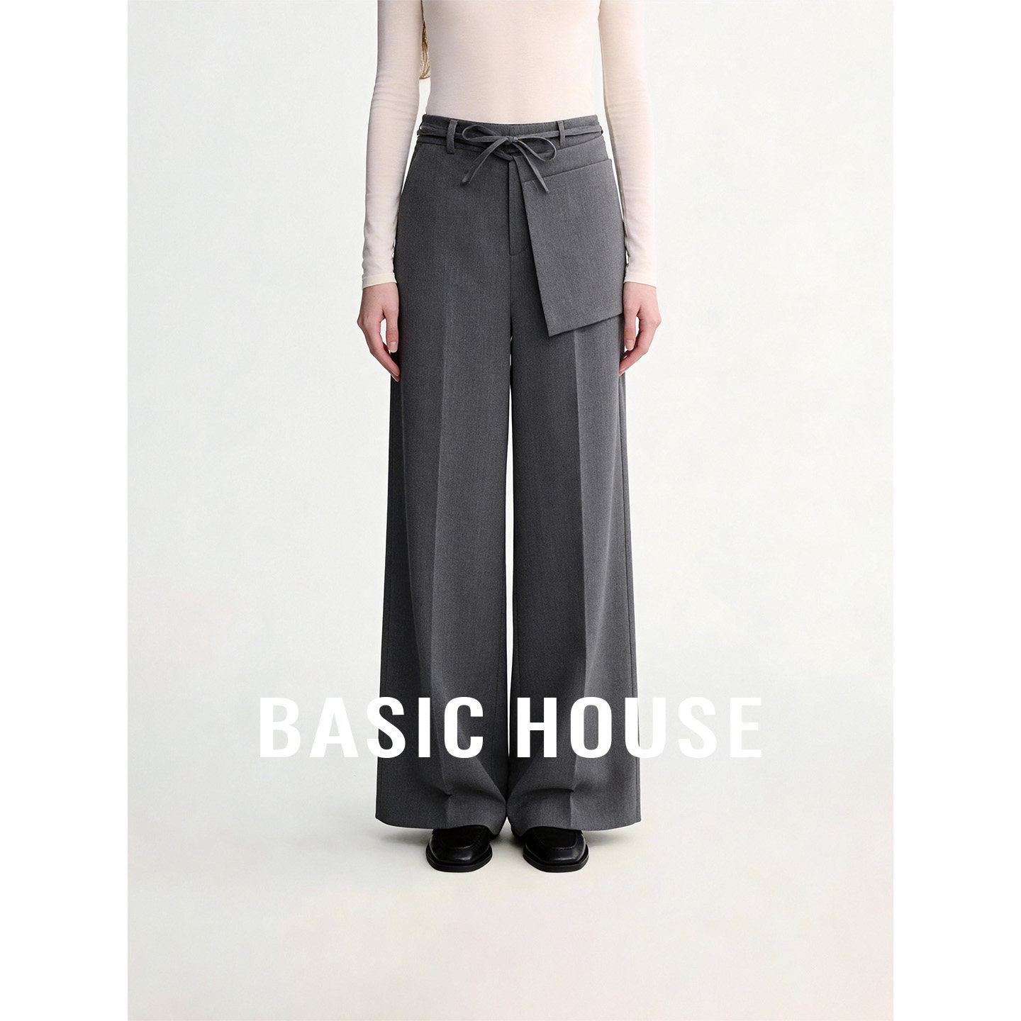 Basic House/百家好灰色西装阔腿裤女秋季抽绳小众设计休闲直筒裤