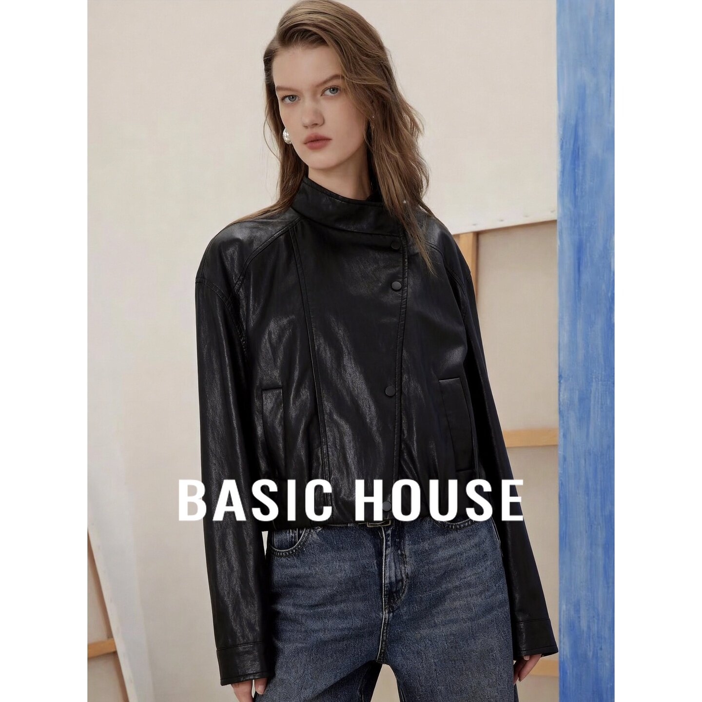 Basic House/百家好复古黑色立领宽松纽扣日常女装皮衣短外套秋季