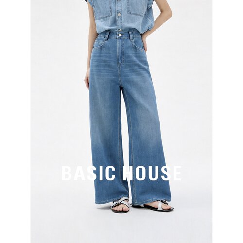 Basic House/百家好高腰阔腿牛仔裤莱赛尔宽松垂感极简蓝色女夏季