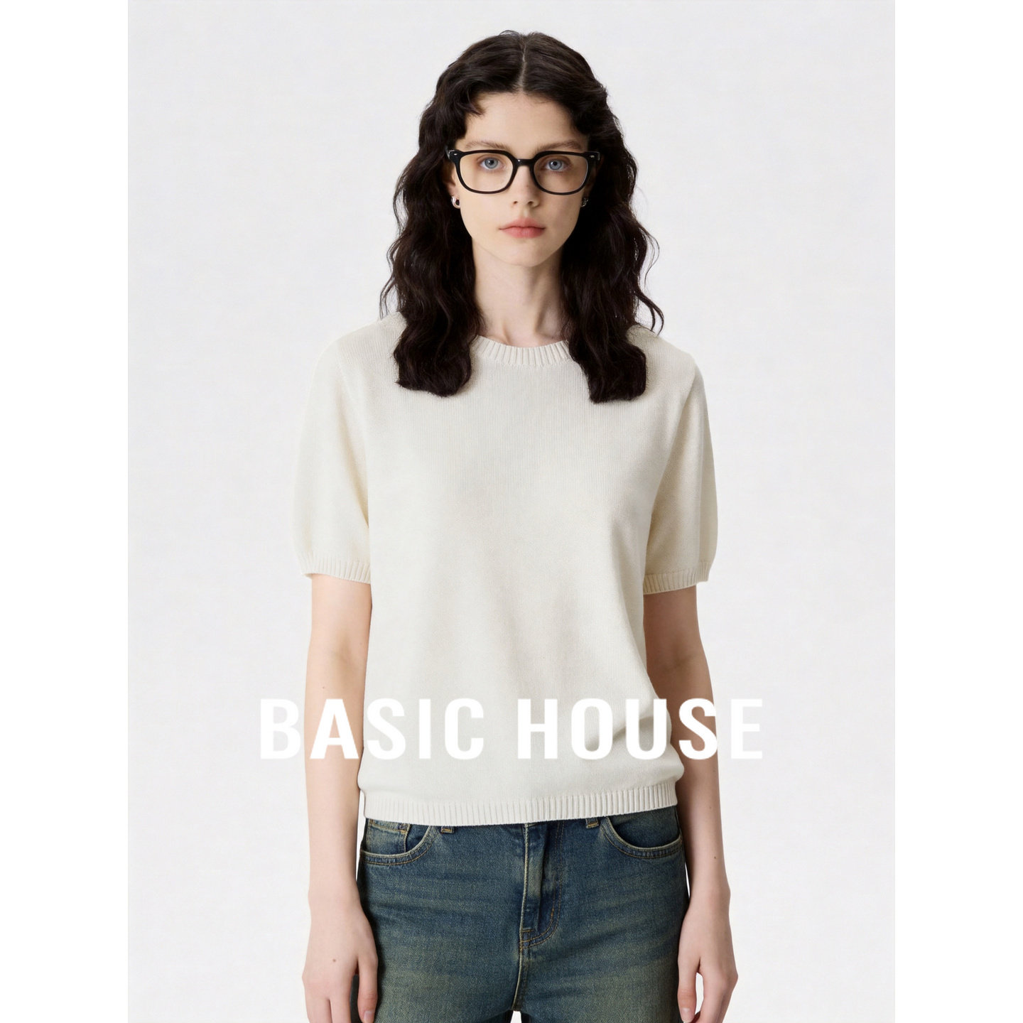 Basic House/百家好圆领纯色短袖T恤薄款宽松显瘦白色百搭针织衫