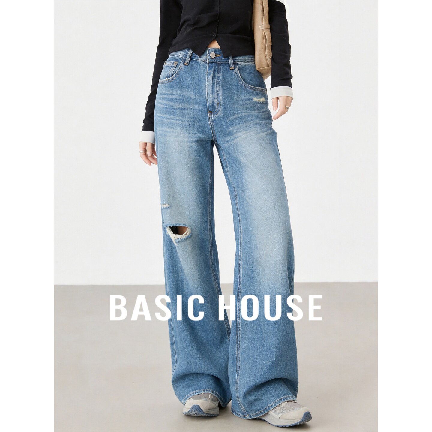 Basic House/百家好破洞微喇牛仔裤高腰显瘦纯棉阔腿裤女秋季新款