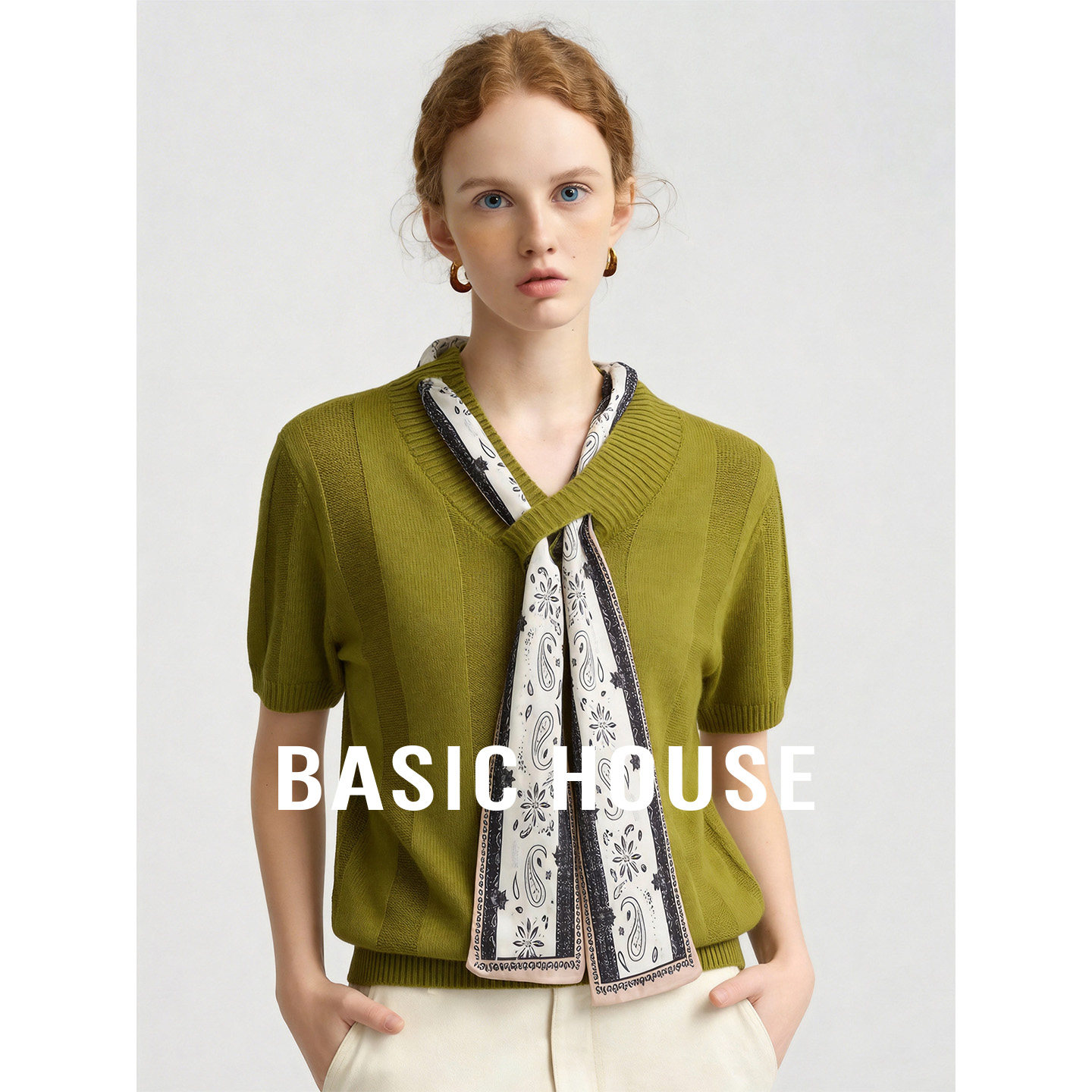 Basic House/百家好绿色短袖针织衫女可拆卸腰果花飘带温柔风上衣