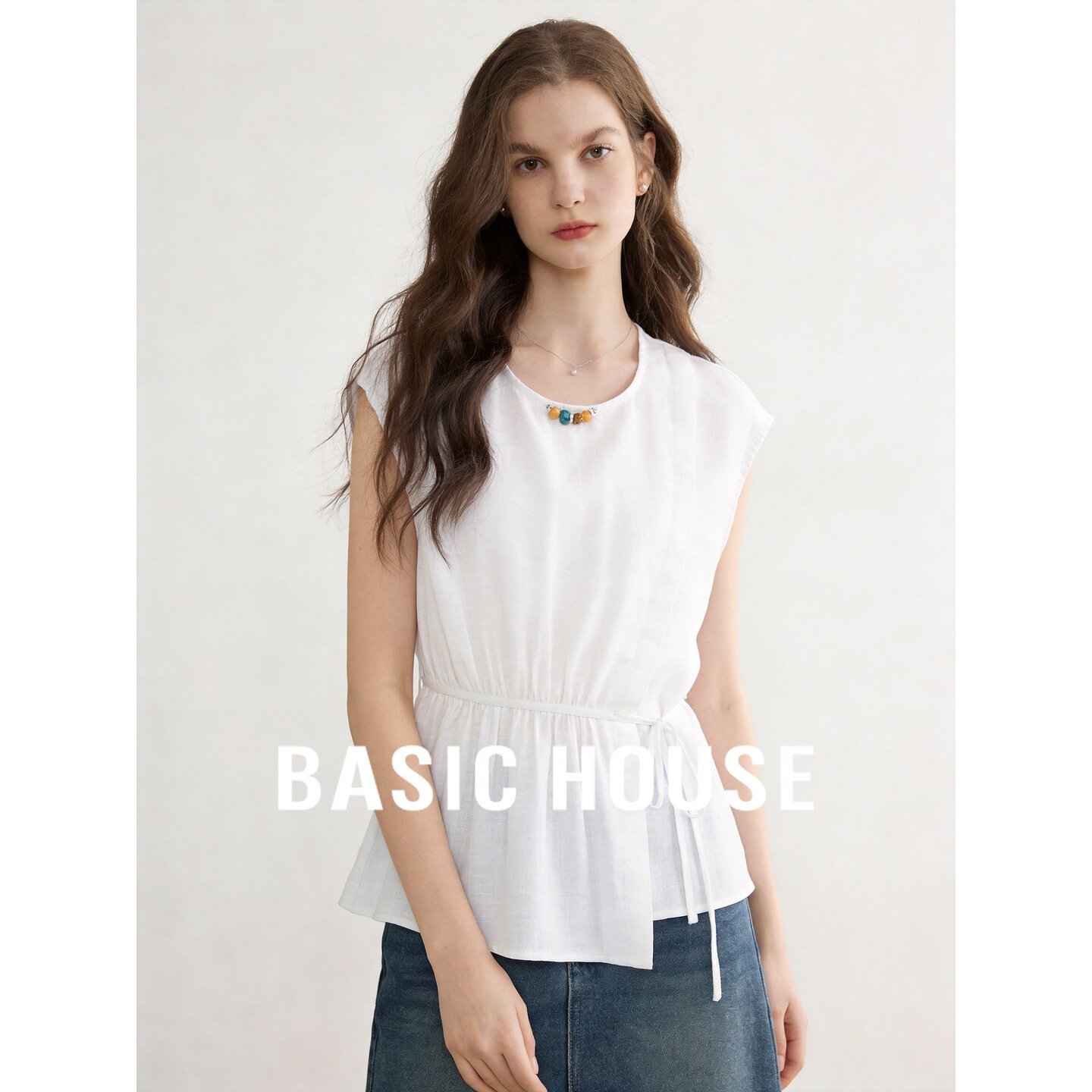 Basic House/百家好莱赛尔亚麻温柔风白色系带收腰显瘦百搭衬衫女