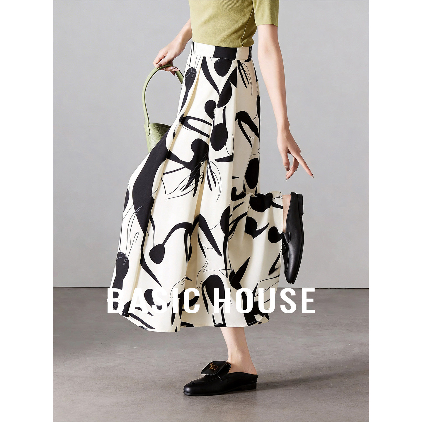 Basic House/百家好艺术印花半身裙女高腰显瘦A字中长款气质伞裙