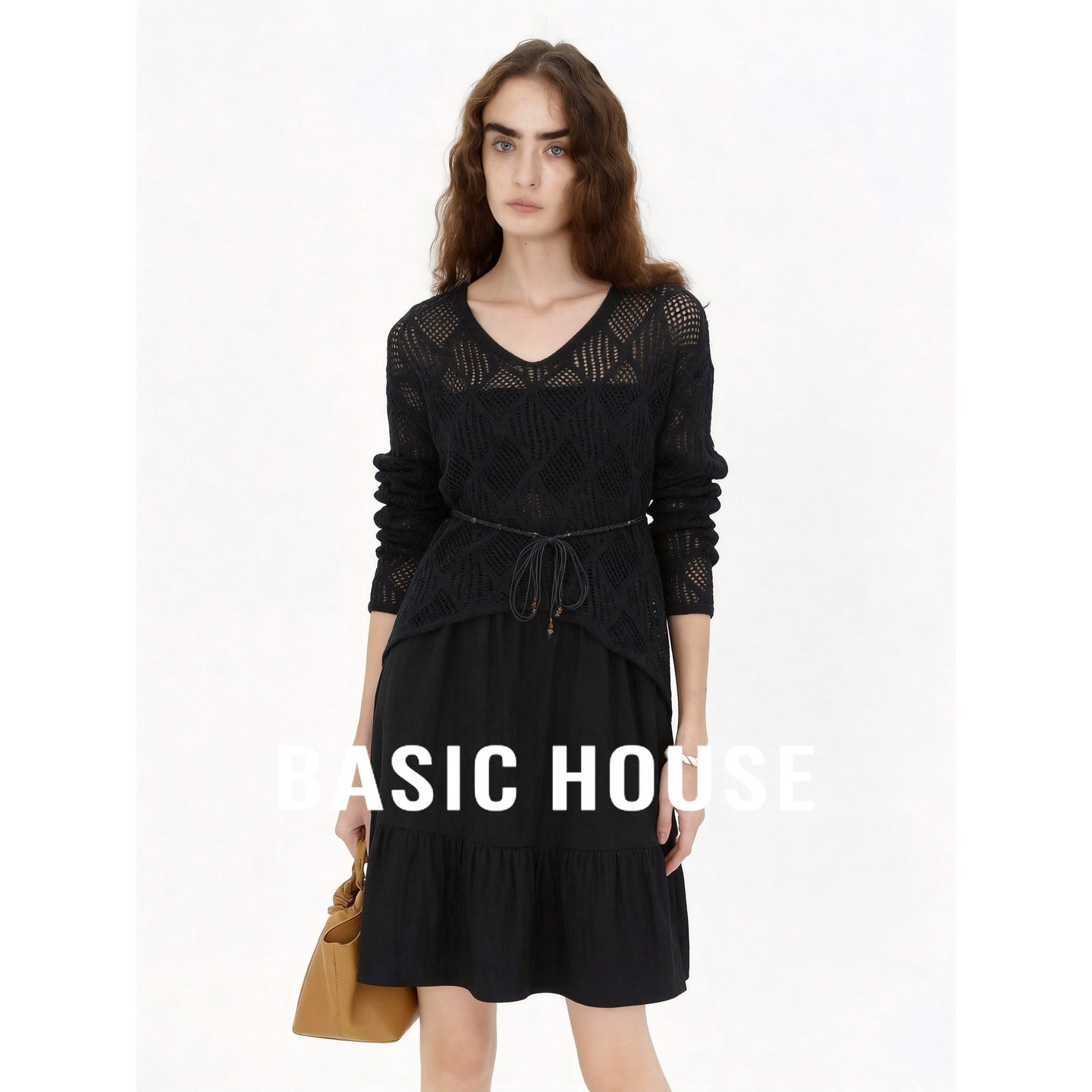Basic House/百家好黑色镂空针织假两件套装女收腰显瘦时尚女装