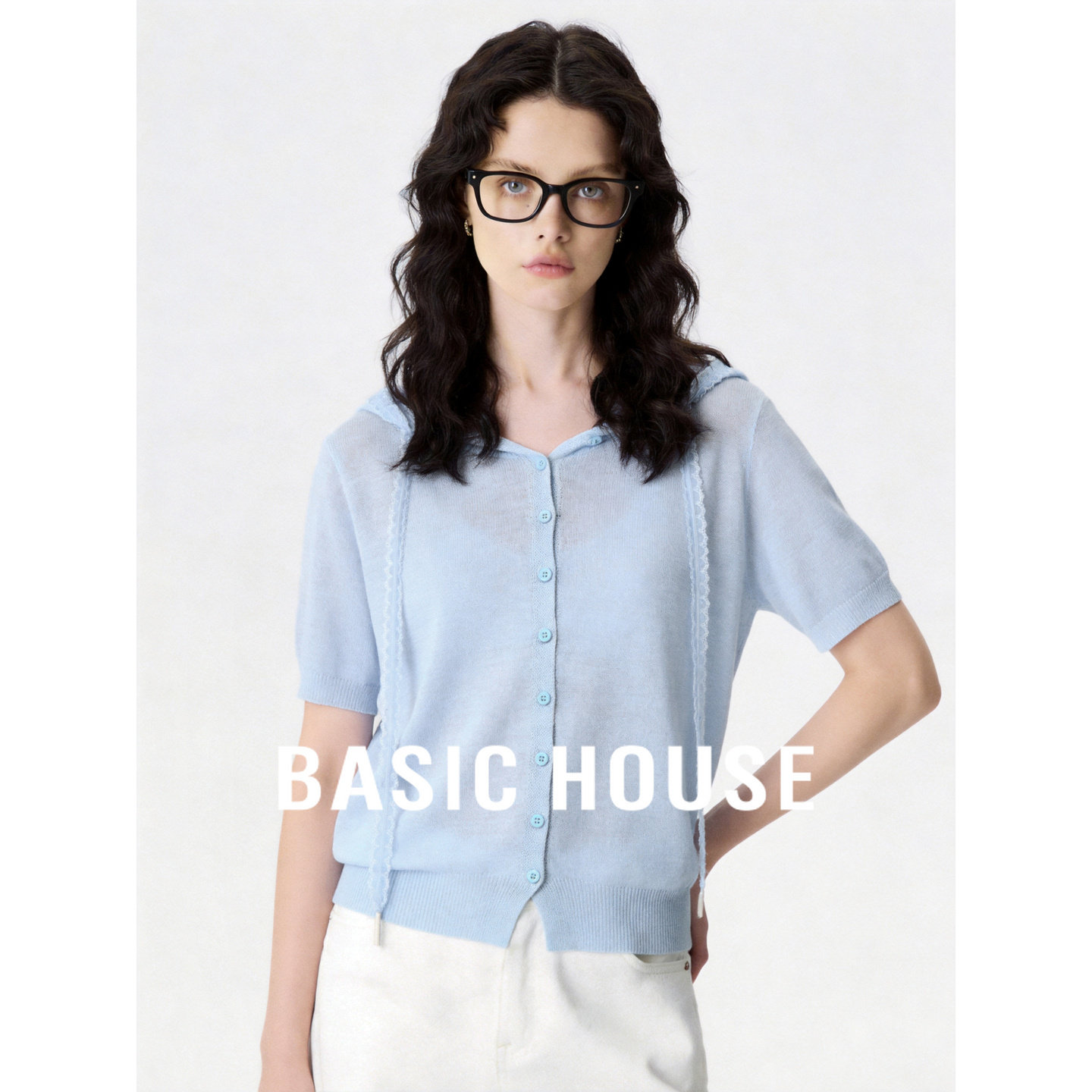 Basic House/百家好浅蓝色连帽薄款短袖针织衫女夏季短款开衫上衣