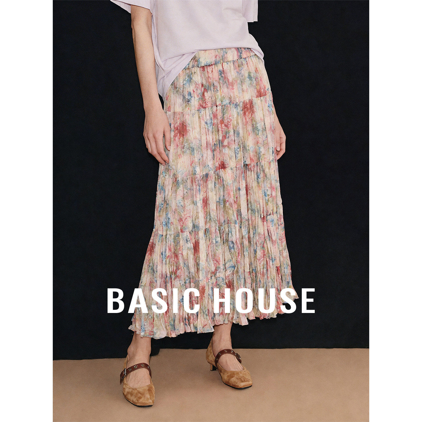 Basic House/百家好高腰法式碎花设计半身裙女夏季新款宽松中长裙