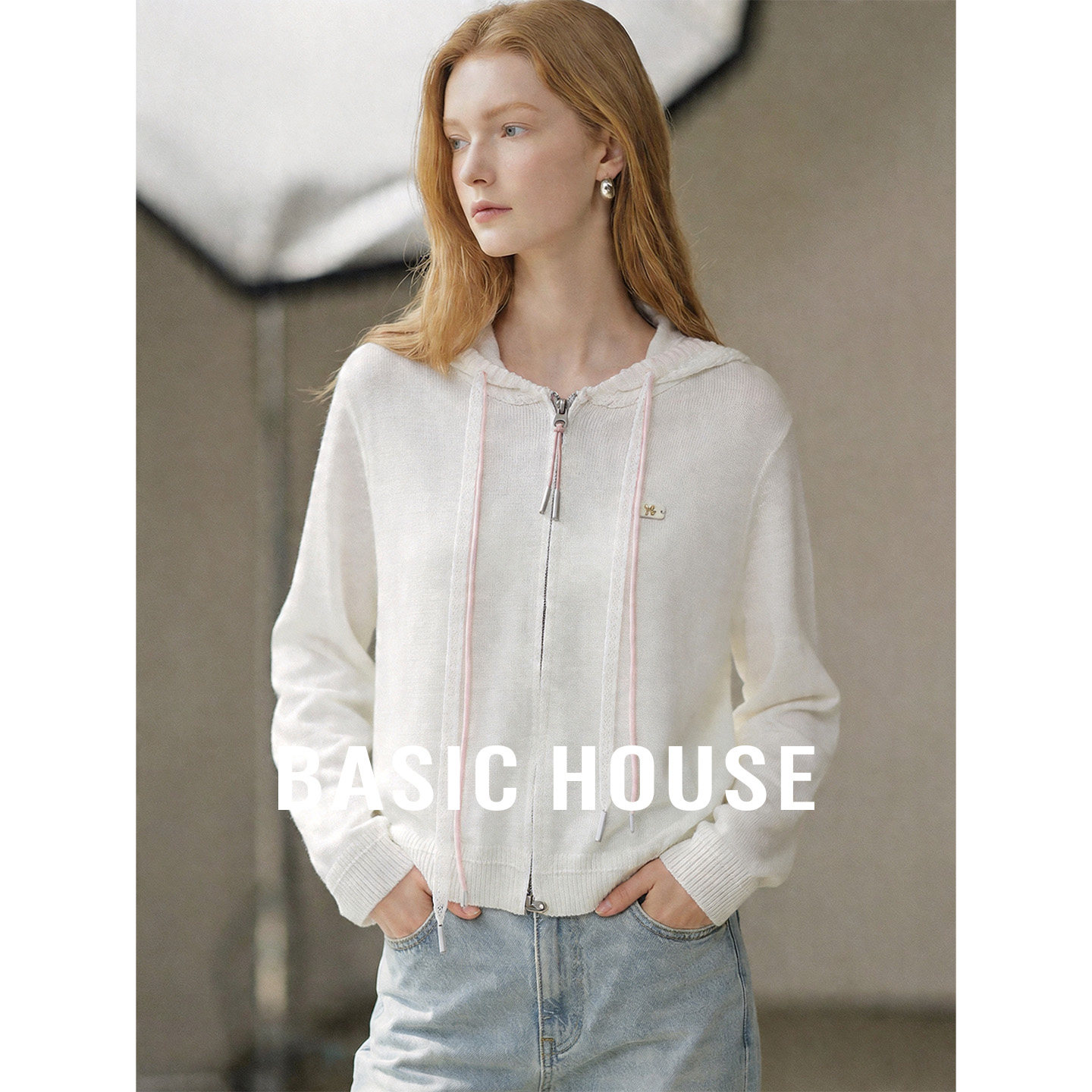 Basic House/百家好连帽抽绳薄款开衫上衣2026夏季长袖外搭针织衫
