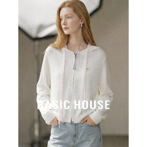 Basic House/百家好连帽抽绳薄款开衫上衣2026夏季长袖外搭针织衫